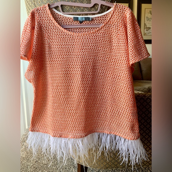 ANTHROPOLOGIE EVA FRANCO Feather Blouse Orange& White NWT ShortSleeves SZ L Rare - Picture 3 of 16